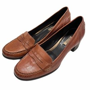 Ecco Cognac Tan Brown Leather Penny Loafer Heels